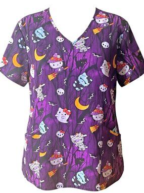 Hello Kitty, by Sanrio women’s Purple Short Sleeve Halloween Scrub Shirt Top 2XL